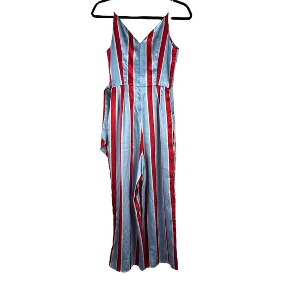 FINDERS KEEPERS Retrograde Red Blue Sky Stripe Sleeveless Satin Jumpsuit XS - Picture 2 of 6